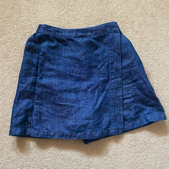 Muji Women's XS Blue Skort Mini Skirt Shorts Denim Cotton Hemp Wrap Elastic - Picture 1 of 10